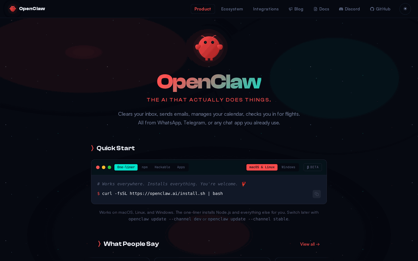 Page d'accueil officielle d'OpenClaw affichant le slogan « The AI that actually does things » et une commande d'installation en une ligne