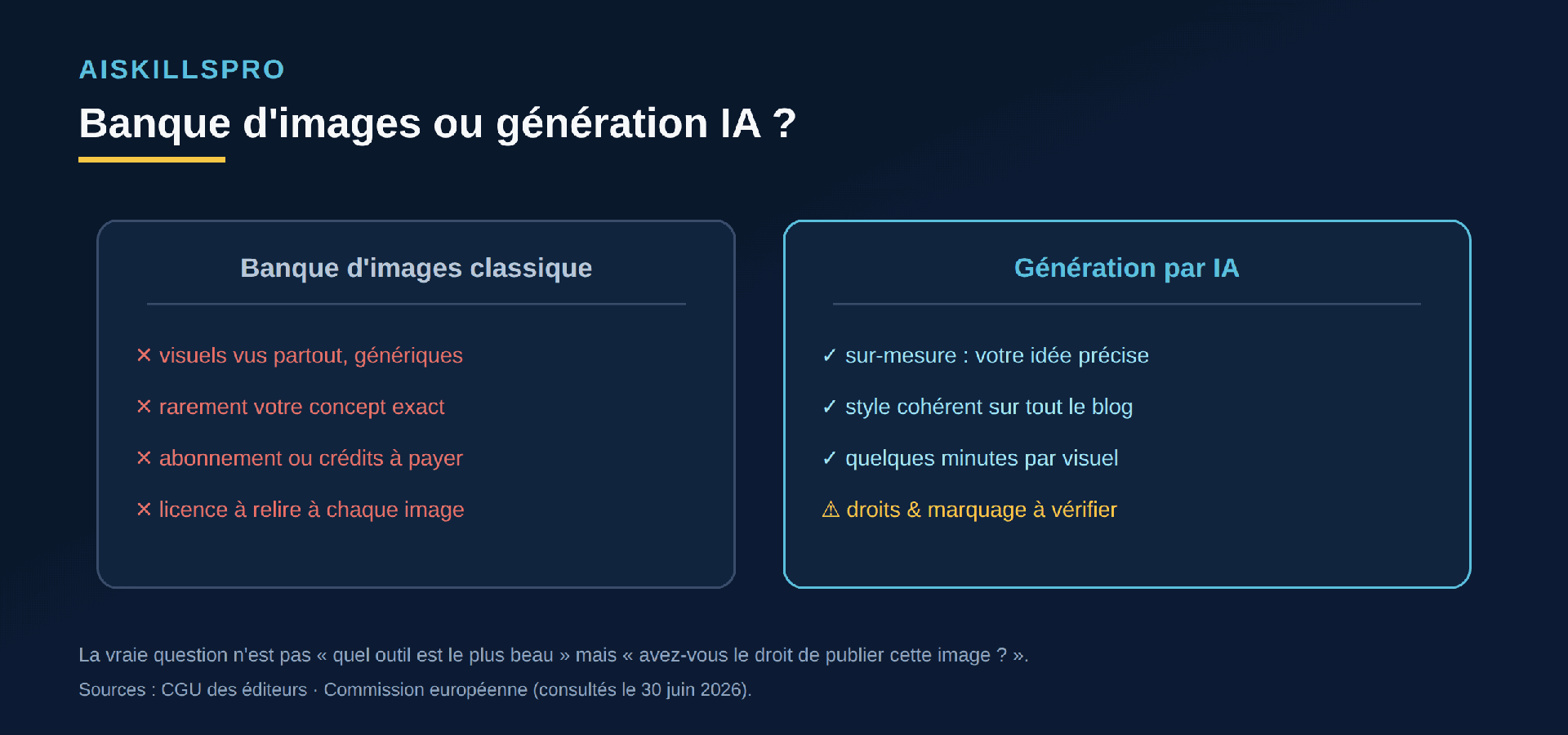 Comparaison banque d'images classique (visuels génériques, payants, licence à relire) contre génération IA (sur-mesure, cohérente, droits et marquage à vérifier)