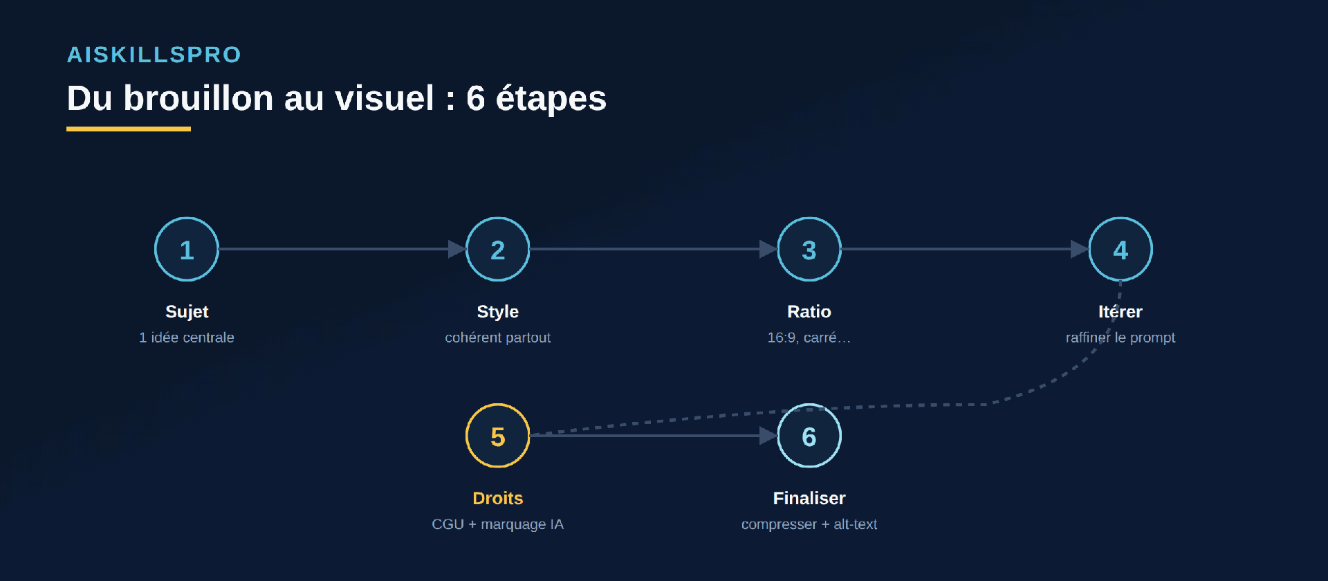 Workflow en six étapes : définir le sujet, choisir le style, fixer le ratio, itérer le prompt, vérifier les droits, finaliser avec compression et texte alternatif