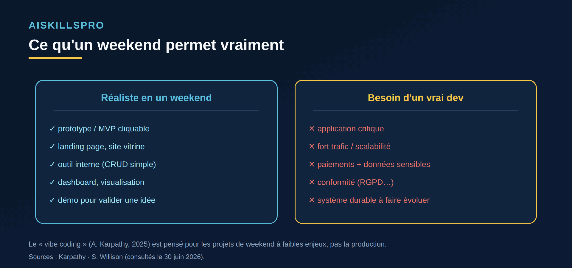 Deux colonnes : réaliste en un weekend (prototype, landing, outil interne CRUD, dashboard, démo) contre besoin d'un vrai dev (app critique, fort trafic, paiements, conformité, système durable)