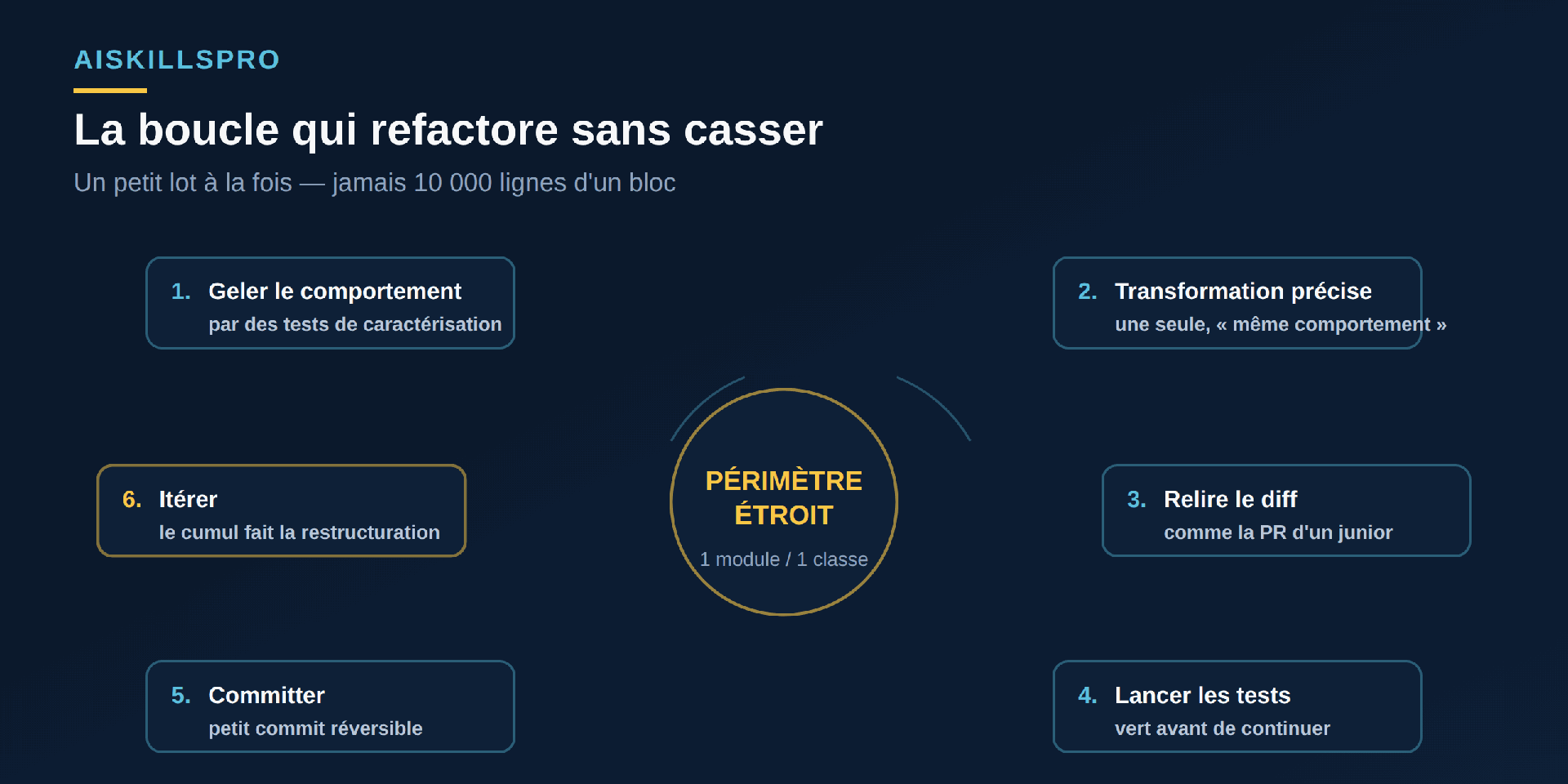 Boucle en six étapes autour d'un périmètre étroit : geler le comportement par des tests, demander une transformation précise, relire le diff, lancer les tests, committer, itérer