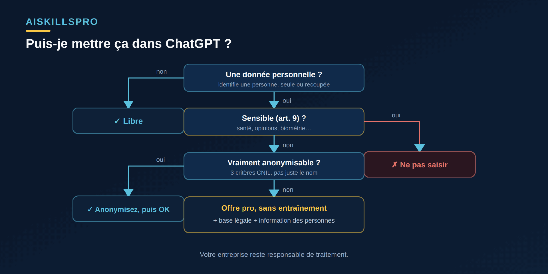 Arbre de décision : le texte contient-il une donnée personnelle ? Si non, c'est libre. Si oui, est-elle sensible (article 9) ? Si oui, ne pas saisir. Sinon, peut-on l'anonymiser vraiment ? Sinon, utiliser une offre pro sans entraînement avec base légale