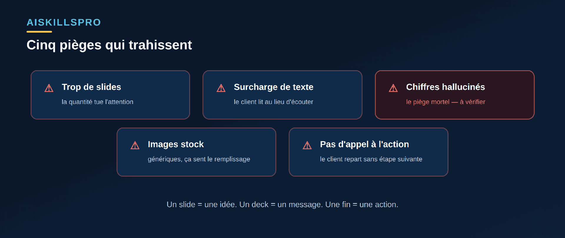 Cinq pièges d'une présentation IA : trop de slides, slides surchargées de texte, chiffres hallucinés non vérifiés, images stock génériques, absence d'appel à l'action