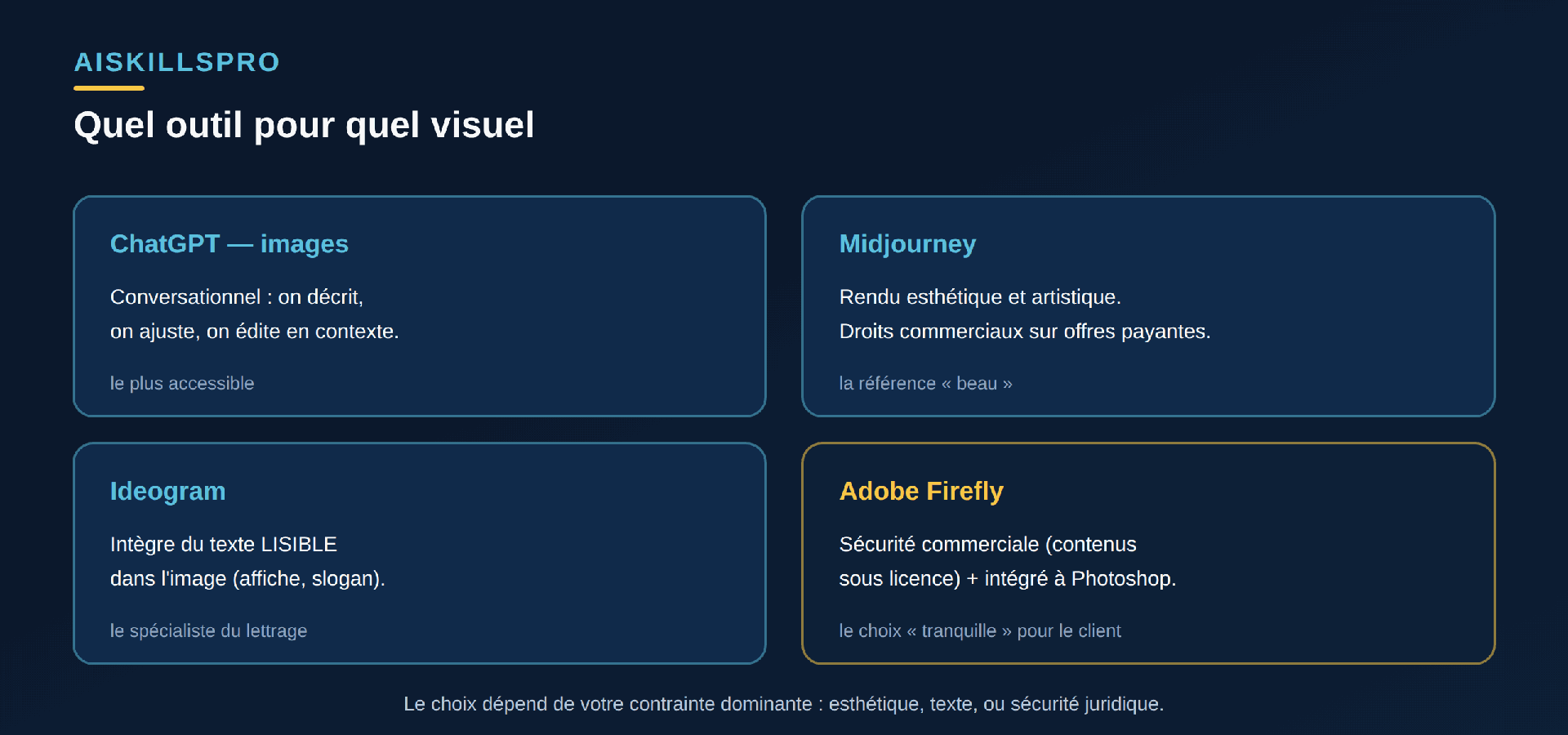 Quatre générateurs d'images IA et leur point fort : la génération d'images de ChatGPT pour un usage conversationnel et l'édition en contexte, Midjourney pour le rendu esthétique et artistique, Ideogram pour intégrer du texte lisible dans l'image, et Adobe Firefly pour la sécurité commerciale et l'intégration à Photoshop