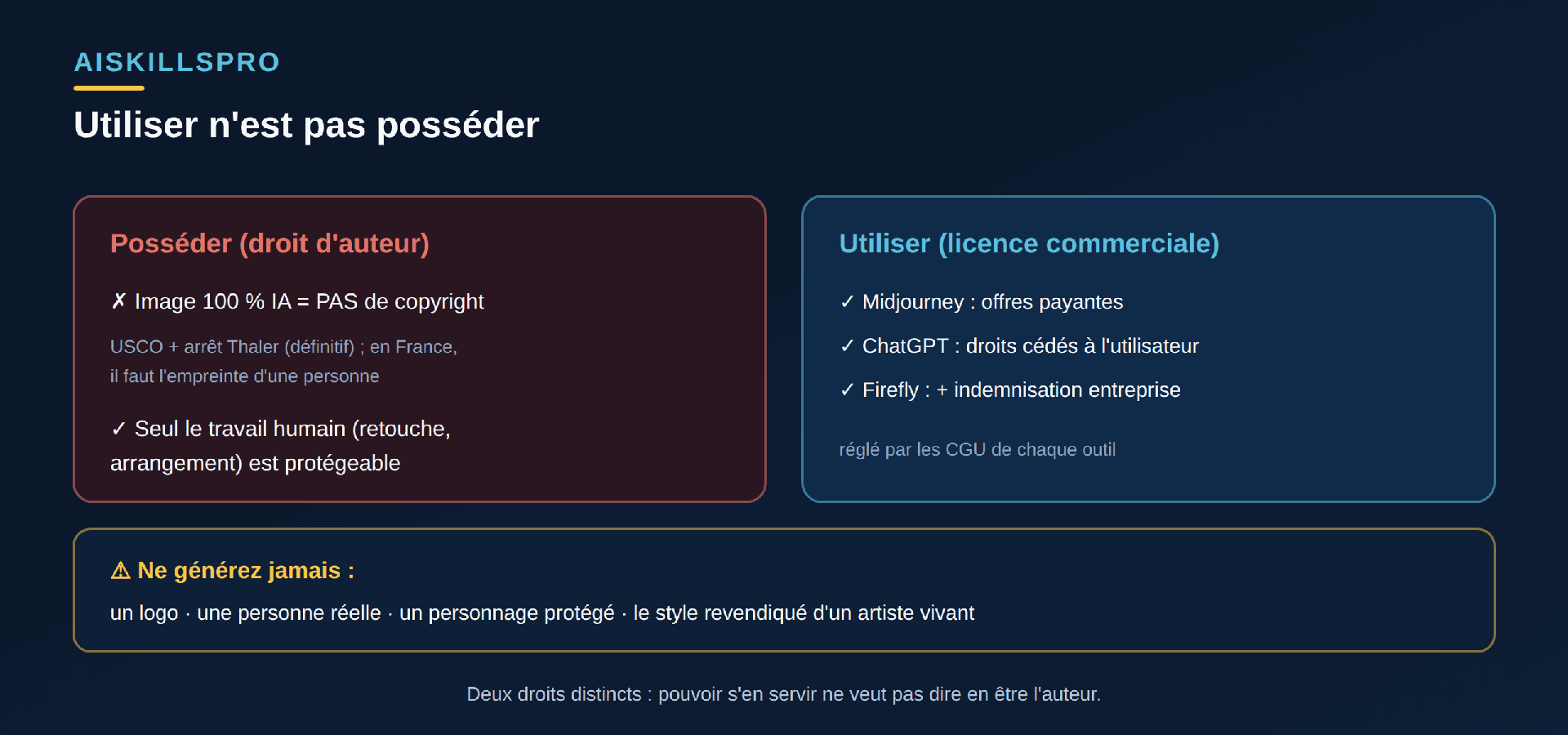 Distinction entre posséder et utiliser une image IA : à gauche, posséder au sens du droit d'auteur est impossible pour une image générée à 100 pour cent par l'IA, seul le travail humain de retouche et d'arrangement est protégeable ; à droite, l'usage commercial reste permis selon les conditions de chaque outil, Midjourney sur offre payante, la sortie de ChatGPT, Adobe Firefly avec indemnisation pour les entreprises ; avertissement de ne pas générer de logos, de personnes réelles, de personnages protégés ni le style revendiqué d'un artiste vivant