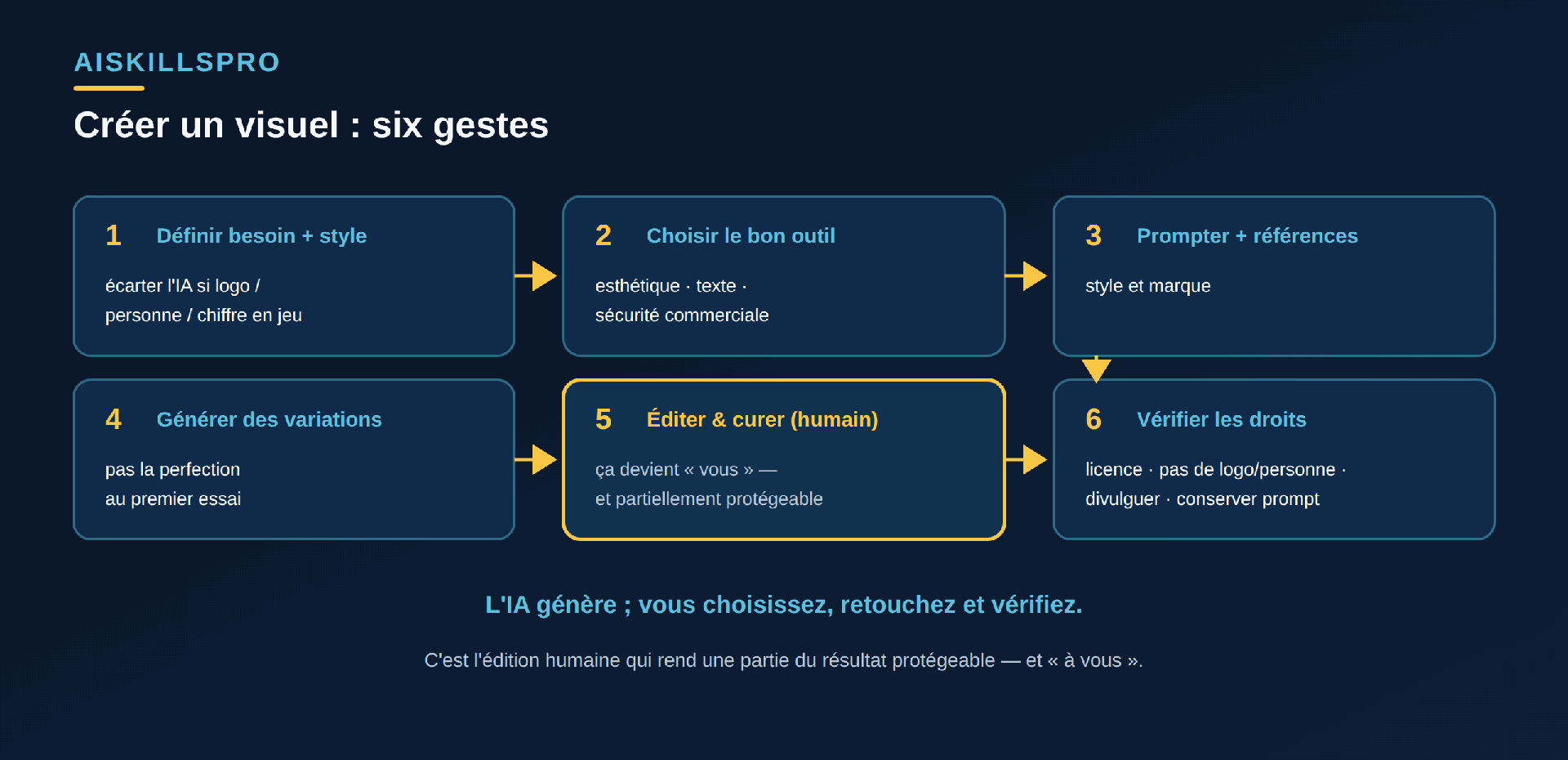 Méthode en six gestes pour créer un visuel avec l'IA : définir le besoin et le style de marque, choisir le bon outil, rédiger un prompt avec des références de style, générer plusieurs variations, éditer et curer le résultat à la main, puis vérifier les droits commerciaux et l'absence de logo ou de personne réelle avant de conserver le prompt et la version