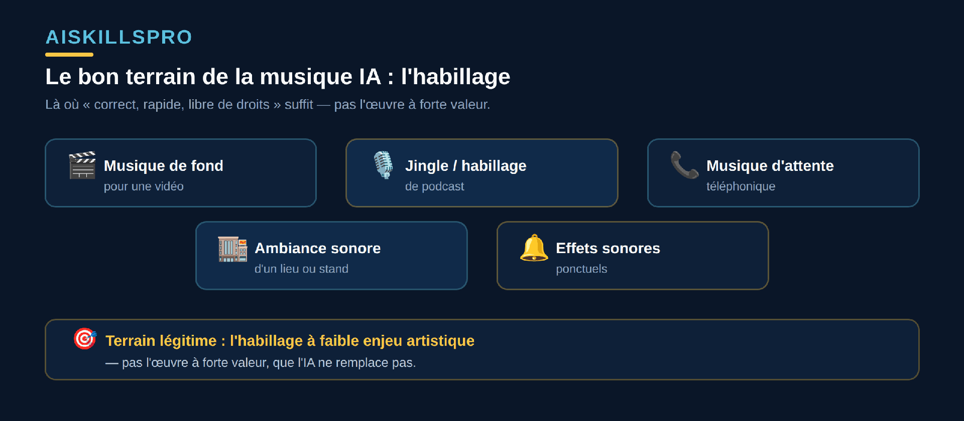 Cinq bons usages professionnels de la musique générée par IA pour un non-musicien : une musique de fond pour une vidéo, un jingle ou habillage sonore de podcast, une musique d'attente téléphonique, une ambiance sonore pour un lieu ou un stand, et des effets sonores ponctuels. Sous les cinq, un rappel que le terrain légitime est l'habillage à faible enjeu artistique, pas l'œuvre à forte valeur