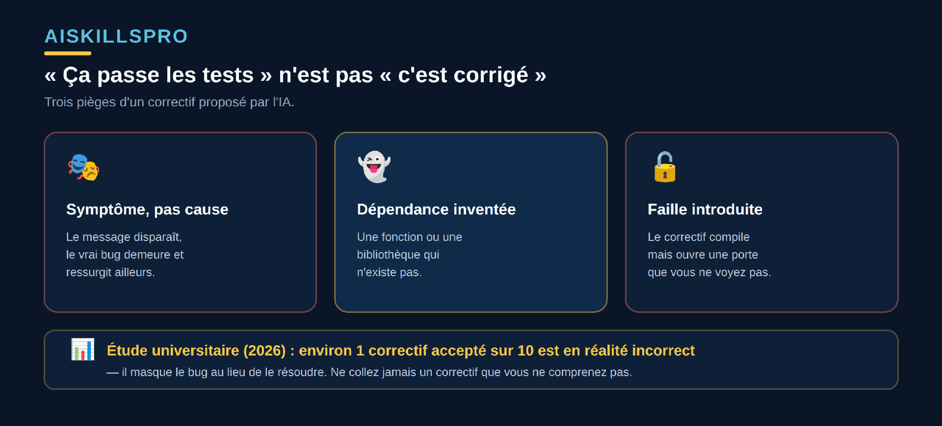 Trois pièges du correctif proposé par l'IA : premièrement il traite le symptôme et pas la cause, le message d'erreur disparaît mais le vrai problème demeure ; deuxièmement il invente une fonction ou une bibliothèque qui n'existe pas ; troisièmement il introduit une faille de sécurité. Une étude universitaire relève qu'environ un correctif accepté sur dix est en réalité incorrect