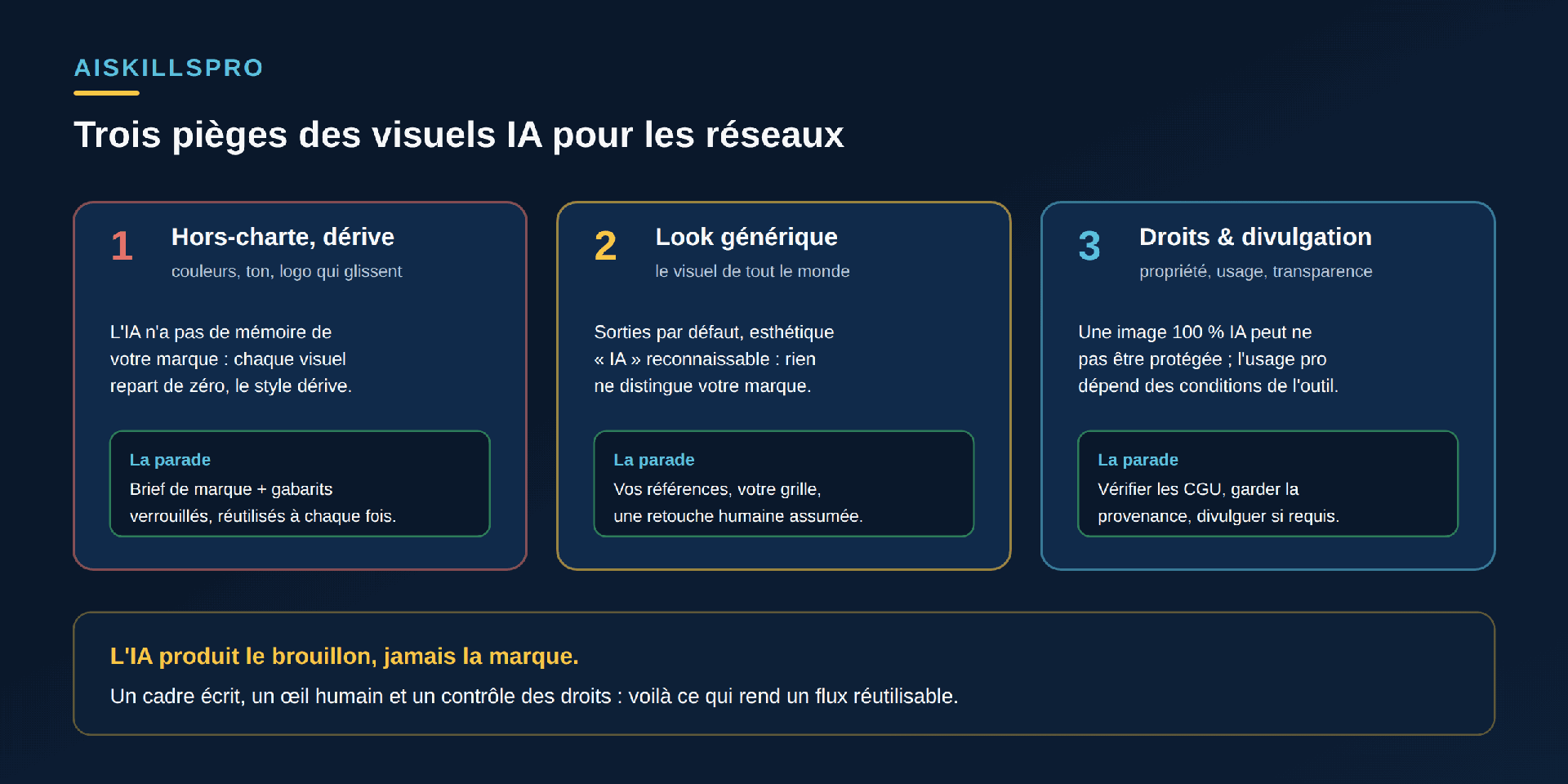 Trois pièges des visuels IA pour les réseaux, avec leur parade. Un : Hors-charte, dérive (couleurs, ton, logo qui glissent) — l'IA n'a pas de mémoire de votre marque, chaque visuel repart de zéro ; parade : un brief de marque et des gabarits verrouillés, réutilisés à chaque fois. Deux : Look générique (le visuel de tout le monde) — sorties par défaut à l'esthétique IA reconnaissable, rien ne distingue votre marque ; parade : vos références, votre grille, une retouche humaine assumée. Trois : Droits et divulgation (propriété, usage, transparence) — une image 100 pour cent IA peut ne pas être protégée, l'usage pro dépend des conditions de l'outil ; parade : vérifier les CGU, garder la provenance, divulguer si requis. Encadré : l'IA produit le brouillon, jamais la marque