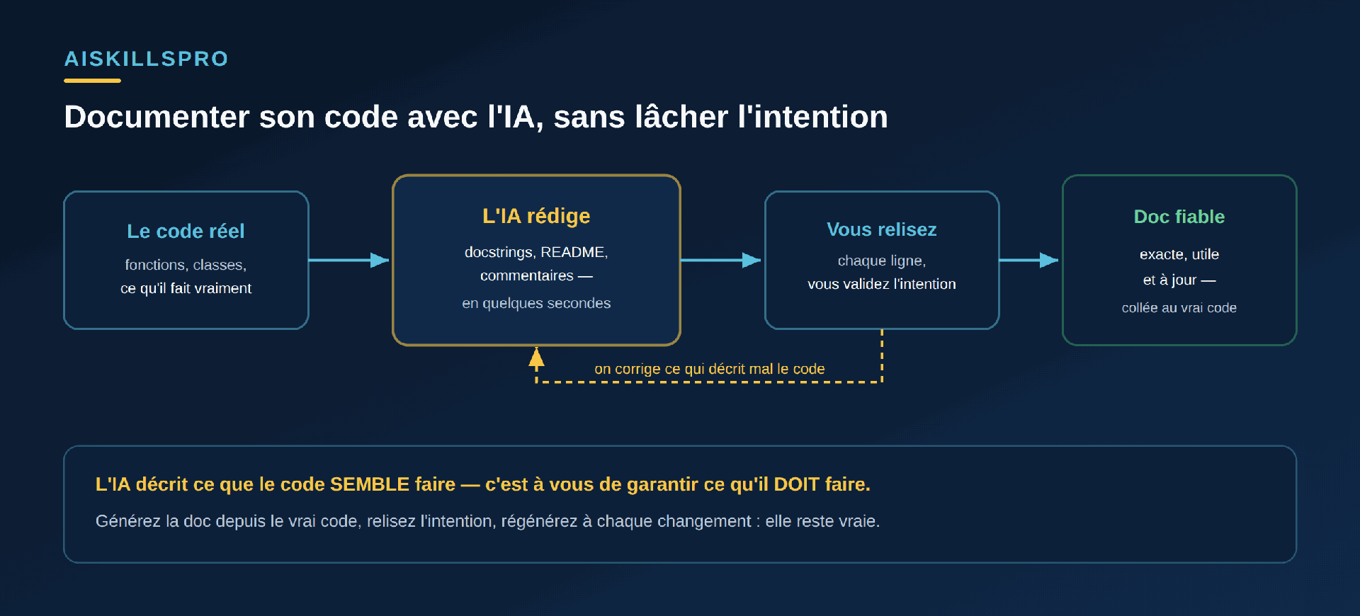 Schéma en chaîne : Le code réel (fonctions, classes, ce qu'il fait vraiment) alimente L'IA qui rédige docstrings, README et commentaires en quelques secondes ; puis Vous relisez chaque ligne et validez l'intention ; le résultat est une Doc fiable, exacte, utile et à jour, collée au vrai code. Une boucle en pointillé revient de la relecture vers l'IA : on corrige ce qui décrit mal le code. Encadré : l'IA décrit ce que le code SEMBLE faire, c'est à vous de garantir ce qu'il DOIT faire ; générez la doc depuis le vrai code, relisez l'intention, régénérez à chaque changement