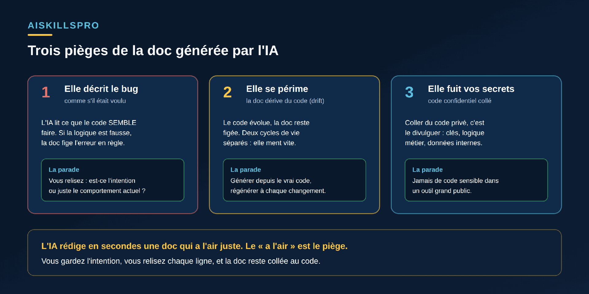Trois pièges de la doc générée par l'IA. Un : elle décrit le bug comme s'il était voulu — l'IA lit ce que le code semble faire, si la logique est fausse la doc fige l'erreur en règle ; la parade : vous relisez, est-ce l'intention ou juste le comportement actuel ? Deux : elle se périme, la doc dérive du code (drift) — le code évolue, la doc reste figée, deux cycles de vie séparés ; la parade : générer depuis le vrai code, régénérer à chaque changement. Trois : elle fuit vos secrets, code confidentiel collé — coller du code privé c'est le divulguer : clés, logique métier, données internes ; la parade : jamais de code sensible dans un outil grand public. Encadré bas : l'IA rédige une doc qui a l'air juste, le « a l'air » est le piège