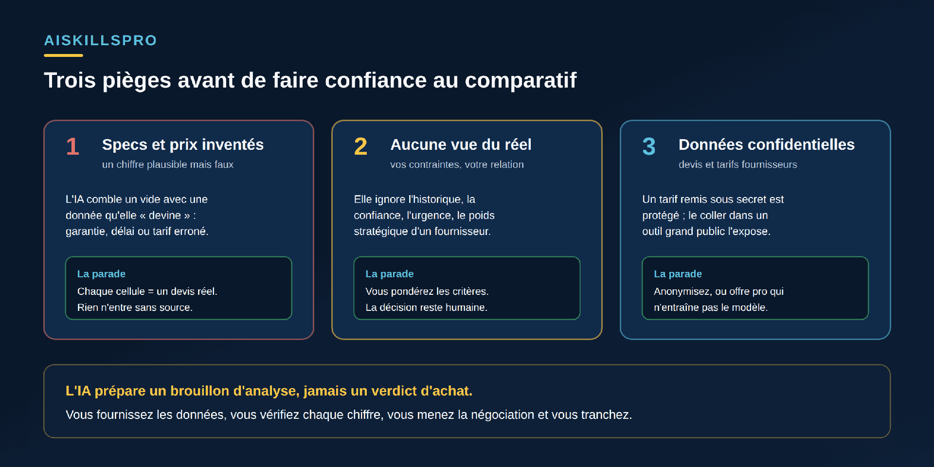 Trois pièges avant de faire confiance au comparatif. Un : specs et prix inventés, un chiffre plausible mais faux — l'IA comble un vide avec une donnée qu'elle devine (garantie, délai ou tarif erroné) ; parade : chaque cellule égale un devis réel, rien n'entre sans source. Deux : aucune vue du réel, vos contraintes et votre relation — elle ignore l'historique, la confiance, l'urgence, le poids stratégique d'un fournisseur ; parade : vous pondérez les critères, la décision reste humaine. Trois : données confidentielles, devis et tarifs fournisseurs — un tarif remis sous secret est protégé, le coller dans un outil grand public l'expose ; parade : anonymisez, ou offre pro qui n'entraîne pas le modèle. Encadré bas : l'IA prépare un brouillon d'analyse, jamais un verdict d'achat