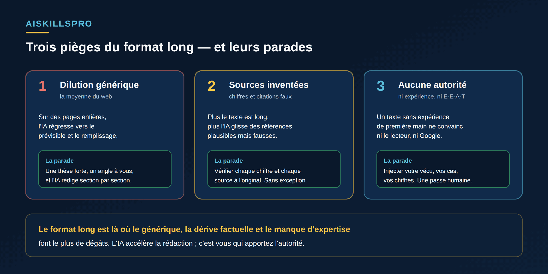Trois pièges du format long et leurs parades. Un : dilution générique, la moyenne du web — sur des pages entières l'IA régresse vers le prévisible et le remplissage ; parade : une thèse forte, un angle à vous, l'IA rédige section par section. Deux : sources inventées, chiffres et citations faux — plus le texte est long, plus l'IA glisse des références plausibles mais fausses ; parade : vérifier chaque chiffre et chaque source à l'original, sans exception. Trois : aucune autorité, ni expérience ni E-E-A-T — un texte sans expérience de première main ne convainc ni le lecteur ni Google ; parade : injecter votre vécu, vos cas, vos chiffres, une passe humaine