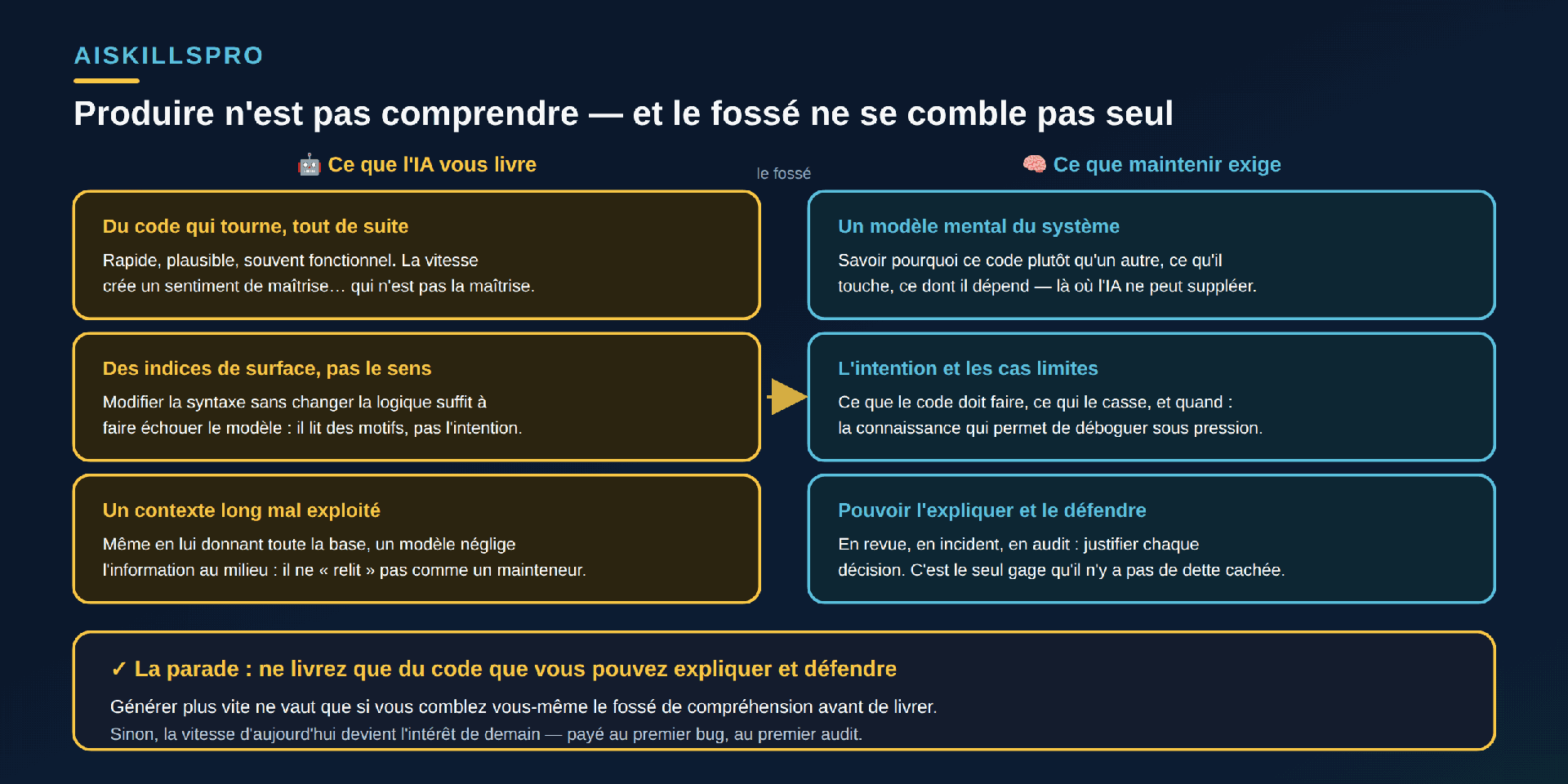 Tableau à deux colonnes intitulé « Produire n'est pas comprendre — et le fossé ne se comble pas seul ». Colonne gauche dorée « 🤖 Ce que l'IA vous livre » : (1) « Du code qui tourne, tout de suite — rapide, plausible, souvent fonctionnel ; la vitesse crée un sentiment de maîtrise qui n'est pas la maîtrise » ; (2) « Des indices de surface, pas le sens — modifier la syntaxe sans changer la logique suffit à faire échouer le modèle : il lit des motifs, pas l'intention » ; (3) « Un contexte long mal exploité — même en lui donnant toute la base, un modèle néglige l'information au milieu ; il ne relit pas comme un mainteneur ». Une flèche « le fossé » sépare les colonnes. Colonne droite cyan « 🧠 Ce que maintenir exige » : (1) « Un modèle mental du système — savoir pourquoi ce code plutôt qu'un autre, ce qu'il touche, ce dont il dépend » ; (2) « L'intention et les cas limites — ce que le code doit faire, ce qui le casse, et quand : la connaissance qui permet de déboguer sous pression » ; (3) « Pouvoir l'expliquer et le défendre — en revue, en incident, en audit ». Bandeau doré en bas : « ✓ La parade : ne livrez que du code que vous pouvez expliquer et défendre. Générer plus vite ne vaut que si vous comblez vous-même le fossé de compréhension avant de livrer. »