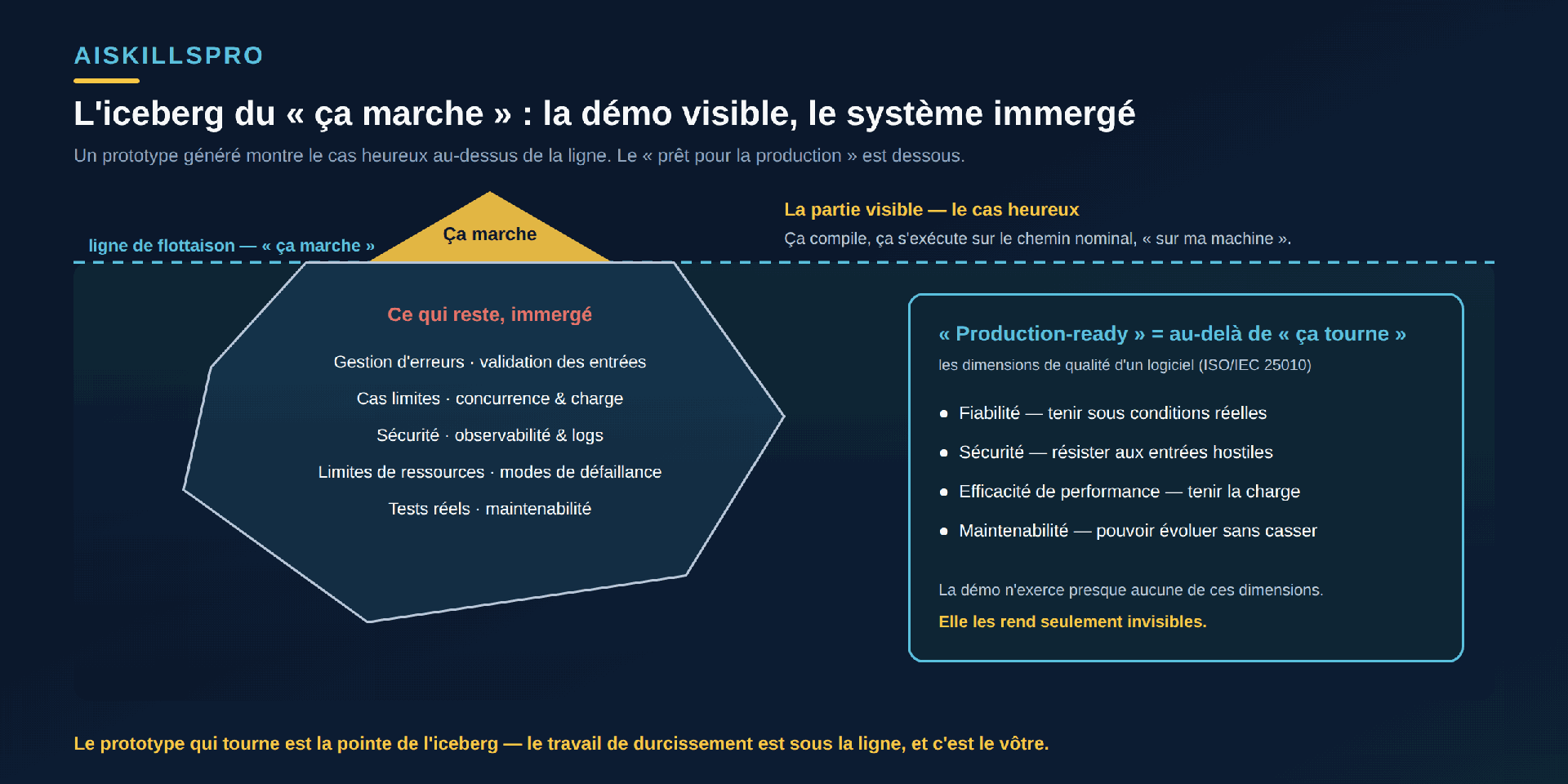 Schéma en forme d'iceberg intitulé « L'iceberg du “ça marche” : la démo visible, le système immergé ». Une ligne de flottaison en pointillés cyan porte la mention « ligne de flottaison — “ça marche” ». Au-dessus de la ligne, une petite pointe dorée « Ça marche », annotée à droite « La partie visible — le cas heureux : ça compile, ça s'exécute sur le chemin nominal, “sur ma machine”. » Sous la ligne, une grande masse immergée « Ce qui reste, immergé » listant : gestion d'erreurs et validation des entrées ; cas limites et concurrence & charge ; sécurité et observabilité & logs ; limites de ressources et modes de défaillance ; tests réels et maintenabilité. À droite, un encadré cyan « “Production-ready” = au-delà de “ça tourne” — les dimensions de qualité d'un logiciel (ISO/IEC 25010) » : Fiabilité (tenir sous conditions réelles), Sécurité (résister aux entrées hostiles), Efficacité de performance (tenir la charge), Maintenabilité (pouvoir évoluer sans casser) ; puis « La démo n'exerce presque aucune de ces dimensions. Elle les rend seulement invisibles. » Bandeau en bas : « Le prototype qui tourne est la pointe de l'iceberg — le travail de durcissement est sous la ligne, et c'est le vôtre. »