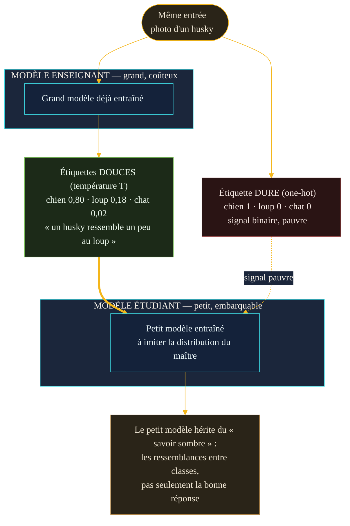 Schema de la distillation : a partir de la meme entree, le grand modele enseignant produit des etiquettes douces (distribution de probabilites adoucie par la temperature) tandis que l'etiquette dure ne donne que la bonne classe. Le petit modele eleve apprend a imiter cette distribution et herite du savoir sombre, les ressemblances entre categories.
