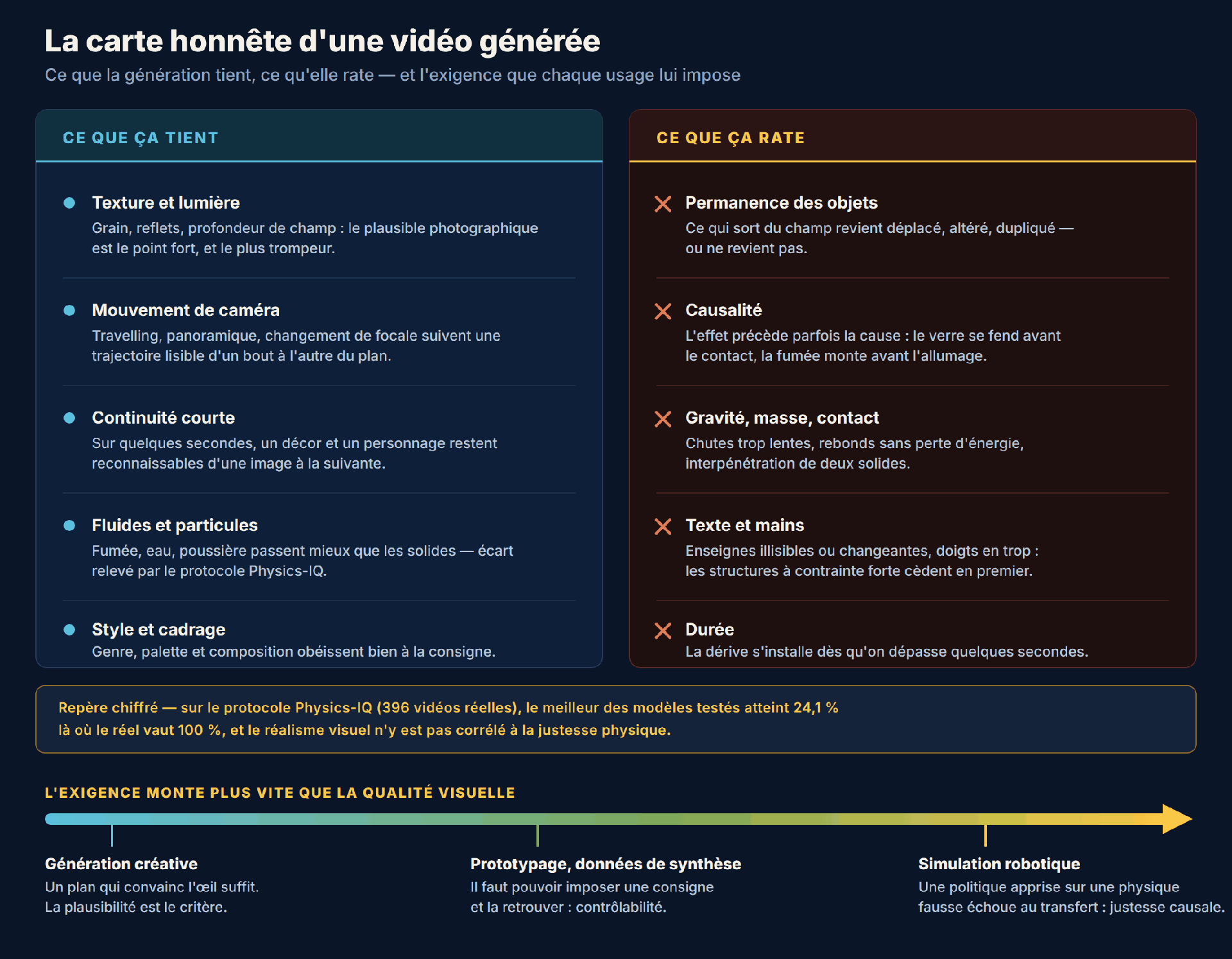 Carte en deux colonnes de ce que la génération vidéo réussit et de ce qu'elle rate. La colonne de gauche, « ce que ça tient », liste la texture et la lumière, le mouvement de caméra, la continuité sur quelques secondes, les fluides et particules mieux rendus que les solides, ainsi que le style et le cadrage. La colonne de droite, « ce que ça rate », liste la permanence des objets qui cède dès qu'une chose quitte le cadre, la causalité parfois inversée où l'effet précède la cause, la gravité et les contacts entre solides, le texte et les mains, et enfin la durée au-delà de quelques secondes. Un bandeau chiffré rappelle que sur le protocole Physics-IQ, adossé à 396 vidéos réelles, le meilleur des modèles testés atteint 24,1 % là où le réel vaut 100 %, et que le réalisme visuel n'y est pas corrélé à la justesse physique. Une échelle en bas de figure montre l'exigence croissante des usages, de la génération créative qui se contente de plausibilité au prototypage qui réclame de la contrôlabilité, jusqu'à la simulation robotique qui exige une justesse causale.