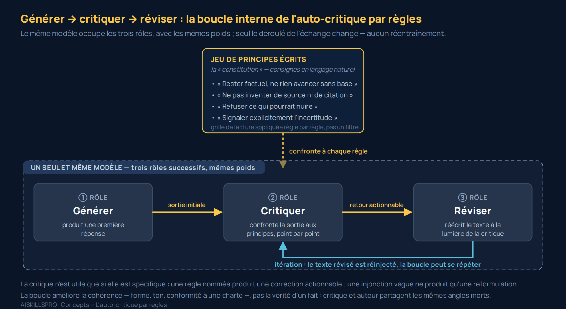 Schéma de la boucle générer → critiquer → réviser : un même modèle (grisé, mêmes poids) génère une réponse, confronte sa sortie à un jeu de principes écrits appelé « constitution », puis révise ; une flèche de retour marque l'itération.