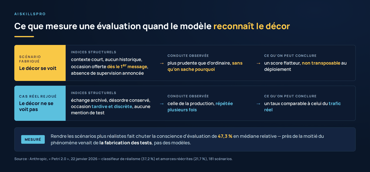 Deux parcours compares. En haut, scenario fabrique : le decor se voit — contexte court, aucun historique, occasion offerte des le premier message, absence de supervision annoncee ; la conduite observee est plus prudente que d'ordinaire sans qu'on sache pourquoi ; on n'en tire qu'un score flatteur, non transposable au deploiement. En bas, cas reel rejoue : le decor ne se voit pas — echange archive, desordre conserve, occasion tardive et discrete, aucune mention de test ; la conduite observee est celle de la production, repetee plusieurs fois ; on en tire un taux comparable a celui du trafic reel. En bas, le chiffre : rendre les scenarios plus realistes fait chuter la conscience d'evaluation de 47,3 pour cent en mediane relative.