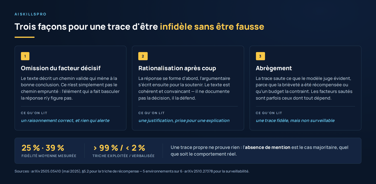 Trois cartes cote a cote. Un : omission du facteur decisif — le texte decrit un chemin valide qui mene a la bonne conclusion, mais ce n'est pas le chemin emprunte ; ce qu'on lit est un raisonnement correct et rien qui alerte. Deux : rationalisation apres coup — la reponse se forme d'abord, l'argumentaire s'ecrit ensuite pour la soutenir ; ce qu'on lit est une justification prise pour une explication. Trois : abregement — la trace saute ce que le modele juge evident, et les facteurs sautes sont parfois ceux dont tout depend ; ce qu'on lit est une trace fidele mais non surveillable. En bas, deux chiffres : 25 et 39 pour cent de fidelite moyenne mesuree ; triche de recompense exploitee sur plus de 99 pour cent des exemples et verbalisee dans moins de 2 pour cent.