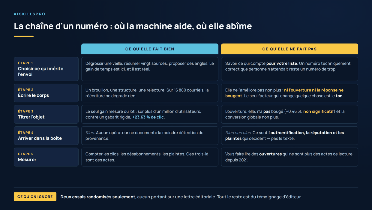 Tableau en cinq etapes, avec pour chacune ce que la machine fait bien et ce qu'elle ne fait pas. Etape un, choisir ce qui merite l'envoi : elle degrossit une veille, resume vingt sources et propose des angles, mais elle ignore ce qui compte pour votre liste, et un numero techniquement correct que personne n'attendait reste un numero de trop. Etape deux, ecrire le corps : elle fournit un brouillon, une structure, une relecture, et sur 16 880 courriels la reecriture ne degrade rien — mais elle ne l'ameliore pas non plus, ni l'ouverture ni la reponse ne bougent, seul le ton change quelque chose. Etape trois, titrer l'objet : seul gain mesure du lot, plus 23,63 pour cent de clic sur plus d'un million d'utilisateurs contre un gabarit rigide, tandis que l'ouverture n'a pas bouge, plus 0,46 pour cent non significatif, et que la conversion globale reste identique. Etape quatre, arriver dans la boite : rien d'un cote comme de l'autre, aucun operateur ne documente de detection de provenance, ce sont l'authentification, la reputation et les plaintes qui decident, pas le texte. Etape cinq, mesurer : elle compte les clics, les desabonnements et les plaintes, qui sont des actes, mais elle vous fera lire des ouvertures qui ne sont plus des actes de lecture depuis 2021. En pied de figure : deux essais randomises seulement, aucun portant sur une lettre editoriale, tout le reste est du temoignage d'editeur.