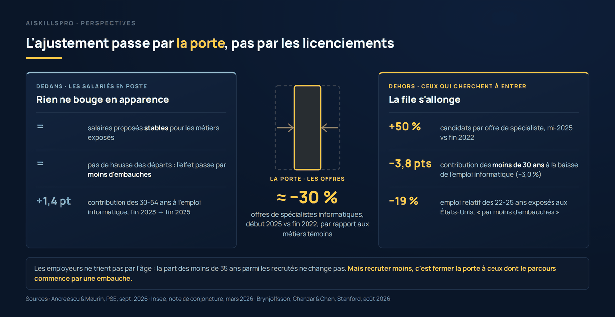 L'ajustement passe par la porte, pas par les licenciements. A gauche, dedans, les salaries en poste : salaires proposes stables pour les metiers exposes, pas de hausse des departs, contribution des 30-54 ans a l'emploi informatique de plus 1,4 point entre fin 2023 et fin 2025. Au centre, la porte : offres de specialistes informatiques en baisse d'environ 30 pour cent debut 2025 par rapport a fin 2022, comparees aux metiers temoins. A droite, dehors, ceux qui cherchent a entrer : plus 50 pour cent de candidats par offre de specialiste, contribution des moins de 30 ans de moins 3,8 points a la baisse de l'emploi informatique, emploi relatif des 22-25 ans exposes aux Etats-Unis a moins 19 pour cent, par moins d'embauches. En bas : les employeurs ne trient pas par l'age, mais recruter moins ferme la porte a ceux dont le parcours commence par une embauche.